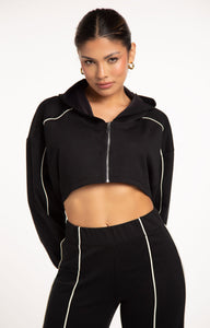 Monaco Cropped Hoodie in Black - women's zip up crop hoodie with white piping, front view