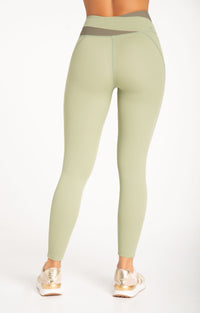 Motion Wrap Legging in Fresh Sage green - women's contrast waistband workout leggings, back view