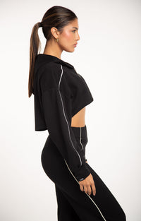 Monaco Cropped Hoodie in Black with matching track pants - women's lounge set, side view
