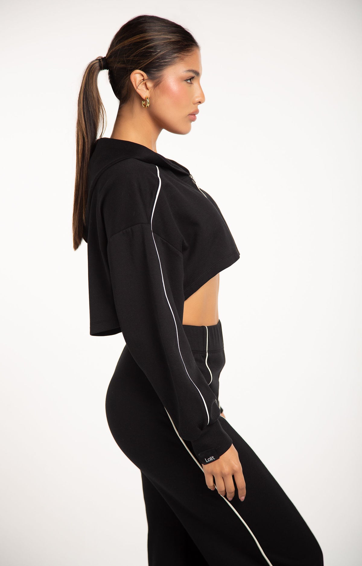 Monaco Cropped Hoodie in Black with matching track pants - women's lounge set, side view