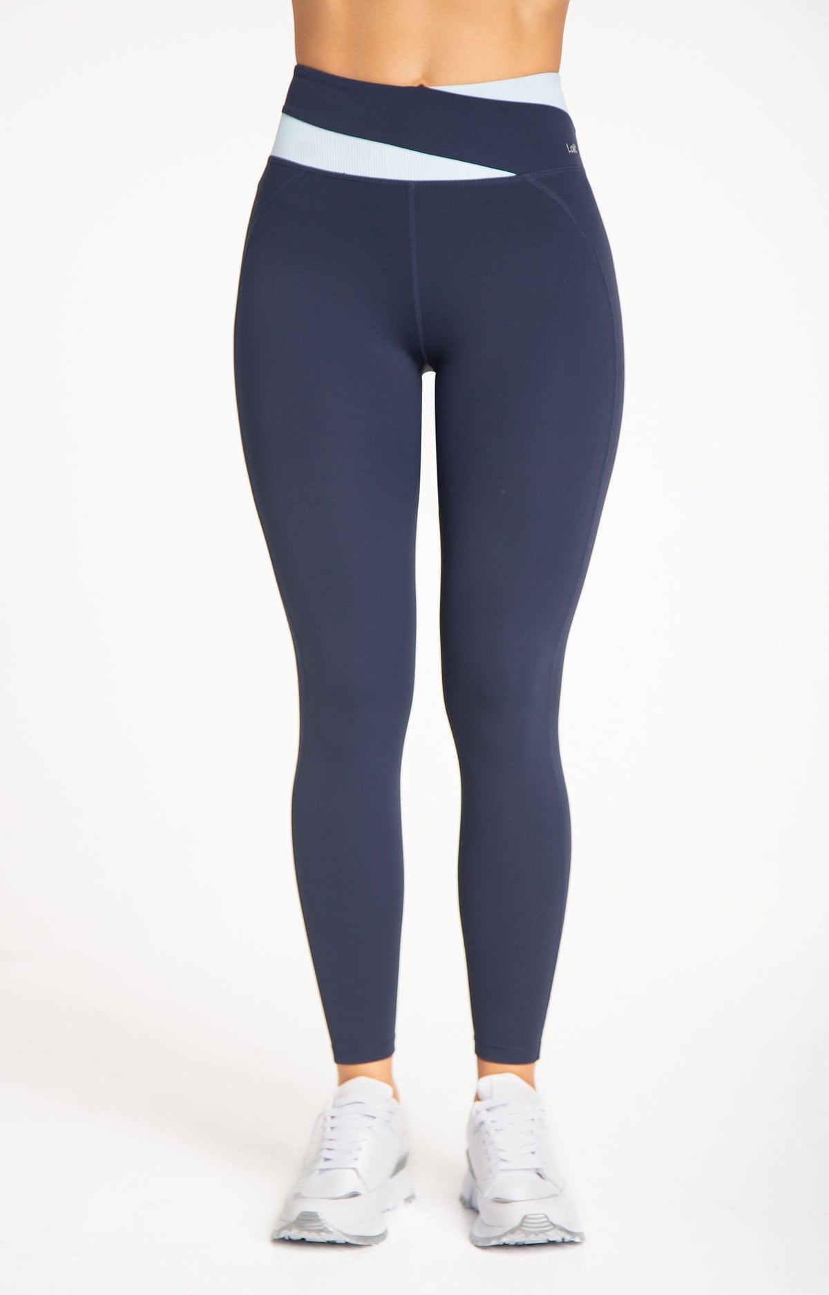Motion Wrap Legging in True Navy blue - women's high waisted wrap front leggings, front view
