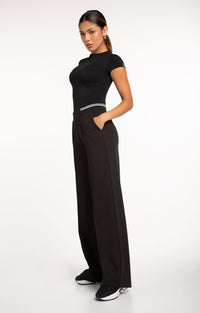 Aura Short Sleeve crop tee in Black - women's fitted top with wide leg pants, side full length view