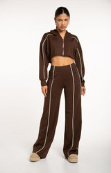 Monaco Cropped Hoodie in Espresso brown with piped wide leg pants - women's tracksuit, front full length view